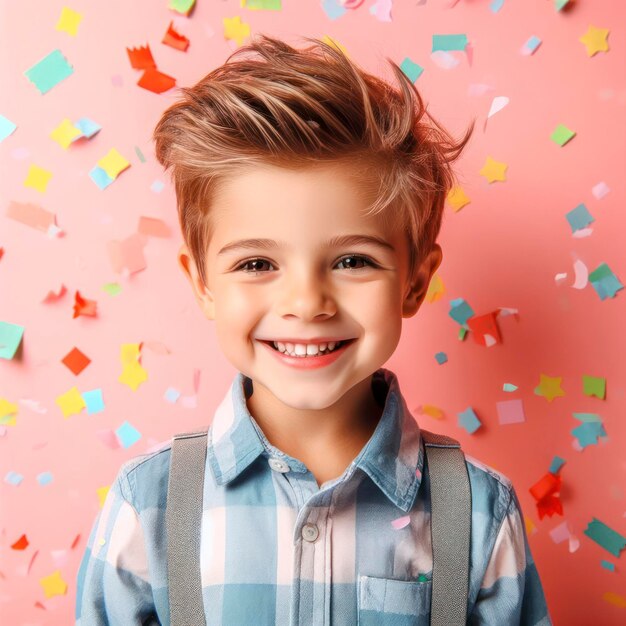 Bambino di compleanno ragazzo felice con confetti su sfondo solido colorato ai generativo