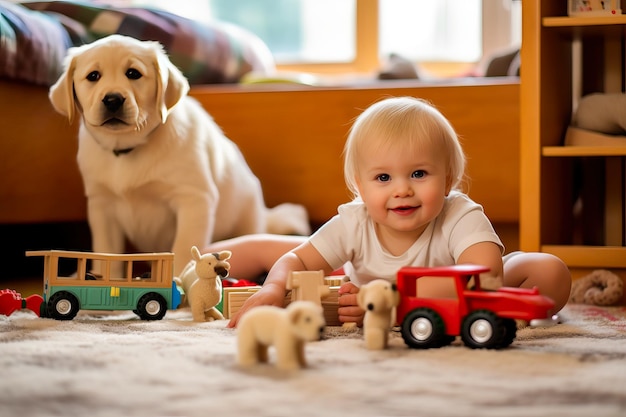 Bambino di due anni che gioca nel suo soggiorno con i suoi passeggini di legno e accompagnato dal suo cagnolino Concept di infanzia felice a casa Immagine creata con AI