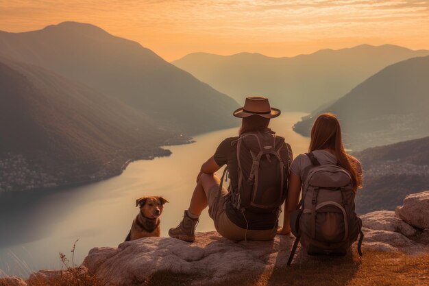 Bambino di famiglia e il loro amato cane mentre si trovano sulla cima di una montagna IA generativa