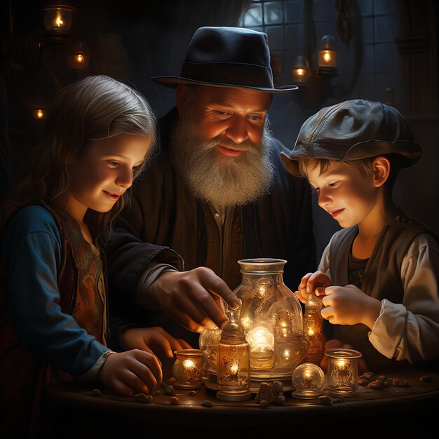 Bambino di Hanukkah che accende candele che celebra la spiritualità all'interno che medita che tiene le candele che trova
