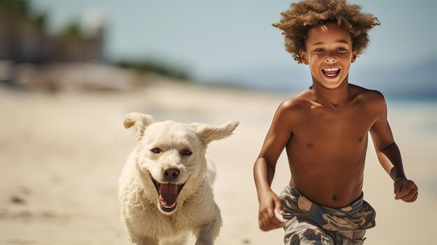 Bambino di spiaggia estiva felicità del cane