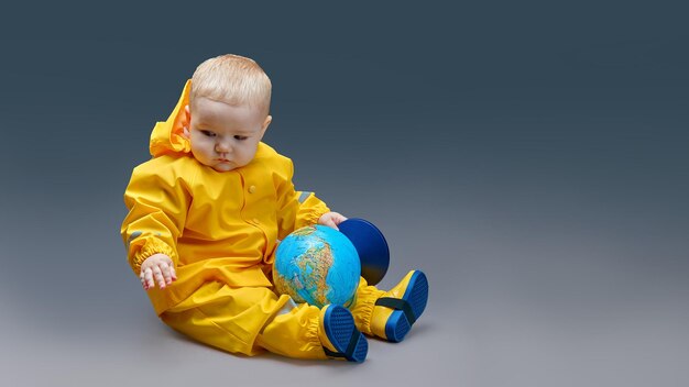 Bambino di un anno in giallo cosyum con globo
