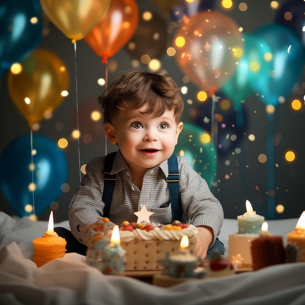 Bambino di un anno seduto sul letto con lo sfondo di compleanno