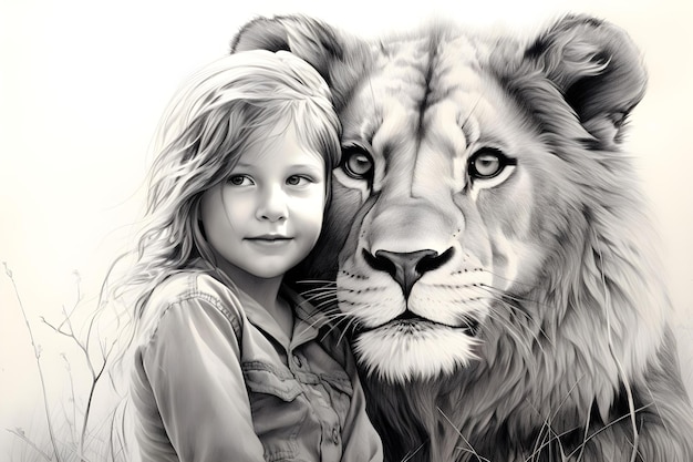 Bambino disegno a matita Leone Concetto argomento Bambino Arte matita Disegno ritratto di leone