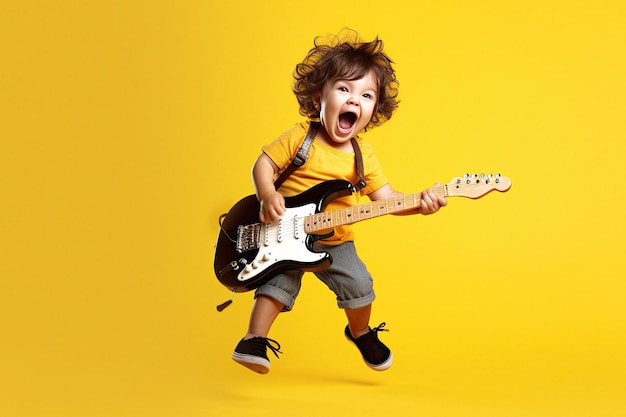 Bambino divertente che suona la chitarra e canta realizzato con l'IA generativa