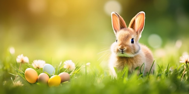 Bambino divertente coniglietto di Pasqua con la pelliccia soffice seduto sull'erba verde accanto alle uova dipinte