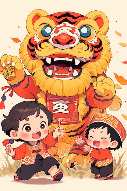 Bambino e barongsai che giocano sulla collina per il Capodanno cinese