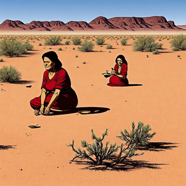 Bambino e madre nel deserto da soli senza cibo e acqua nell'illustrazione