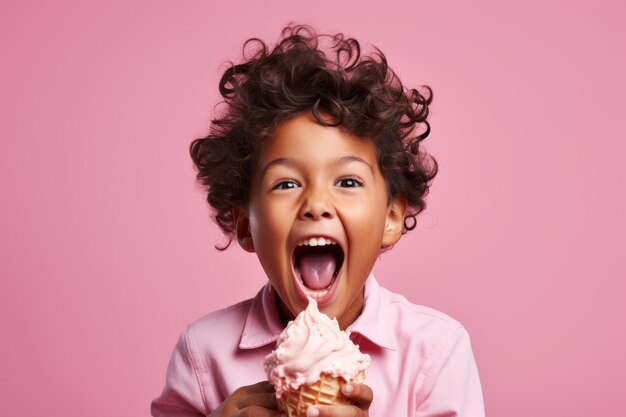 Bambino eccitato con i capelli ricci che si gode un cono di gelato rosa su uno sfondo pastello