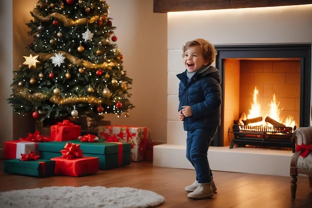 Bambino eccitato e felice il giorno di Natale a casa