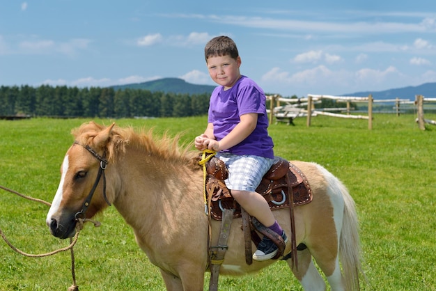 bambino felice che cavalca un animale da fattoria pony marrone con cielo blu sullo sfondo e una natura meravigliosa