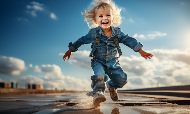 Bambino felice che corre sullo sfondo del cielo blu