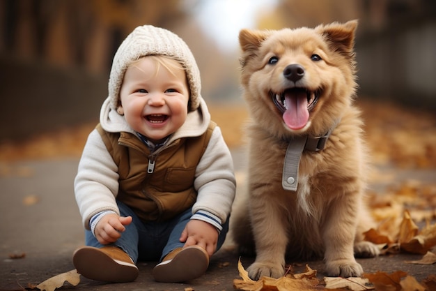 Bambino felice che gioca con il cane