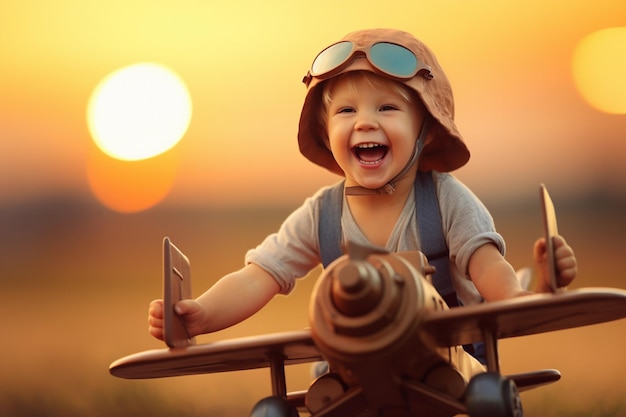 Bambino felice che gioca con l'aeroplano del giocattolo