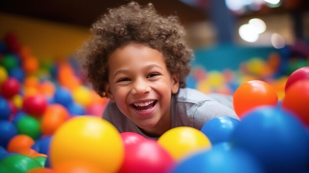 Bambino felice che gioca in una palla colorata in un parco giochi coperto perfetto per i concetti familiari
