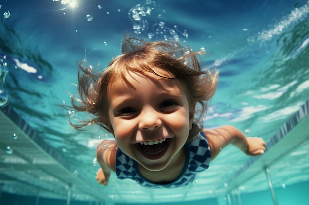 Bambino felice che si diverte nuotando sott'acqua in piscina