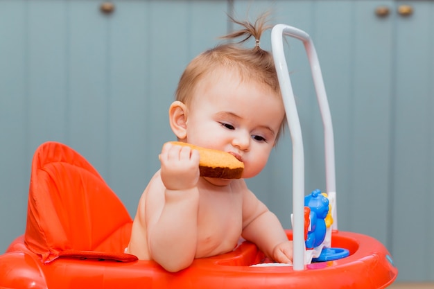 Bambino felice che si siede in camminatori rossi e mangia un cracker. bambino che sorride