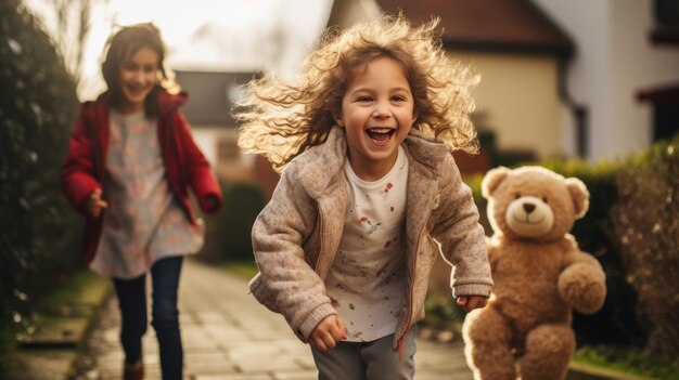 Bambino felice che tiene l'orsacchiotto e salta con i genitori vicino a casa