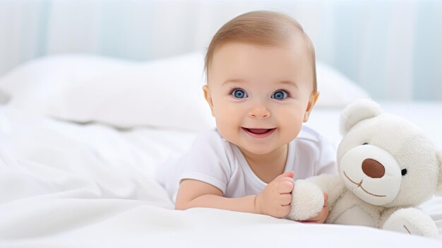 Bambino felice con un cappuccio bianco in una camera da letto bianca e soleggiata neonato che si riposa nel letto neonato con un peluche