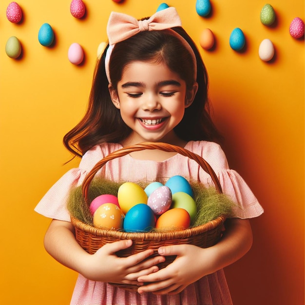 Bambino felice con un cesto con uova di Pasqua colorate su uno sfondo colorato