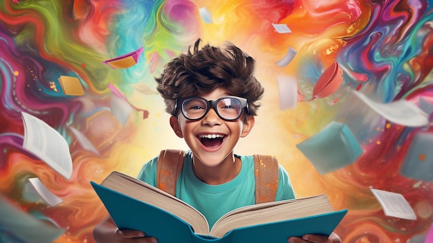 bambino felice di leggere libri su sfondi colorati