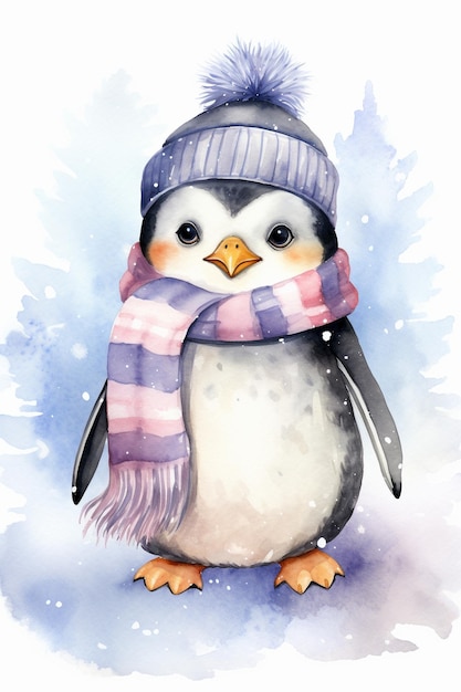 Bambino felice sorridente del pinguino dell'acquerello sveglio con la sciarpa ed il cappello nell'inverno