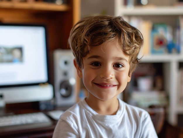 Bambino felice sorridente in ambiente domestico Ritratto di un giovane ragazzo allegro che sorride a casa con uno schermo del computer sfocato sullo sfondo