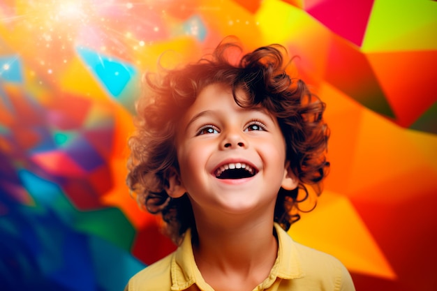 Bambino felice sorridente Ritratto di un bambino gioioso su uno sfondo colorato Generato dall'intelligenza artificiale