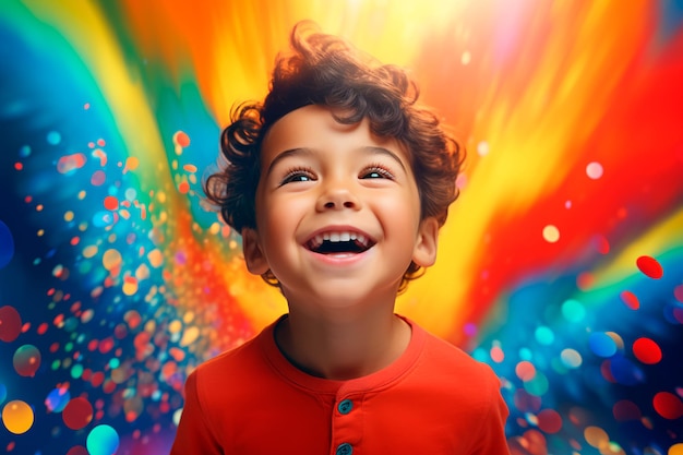 Bambino felice sorridente Ritratto di un bambino gioioso su uno sfondo colorato Generato dall'intelligenza artificiale