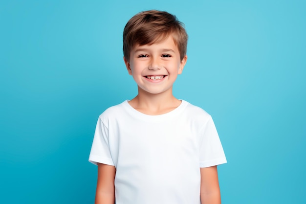 Bambino felice su sfondo blu Bambino gioioso generato dall'intelligenza artificiale