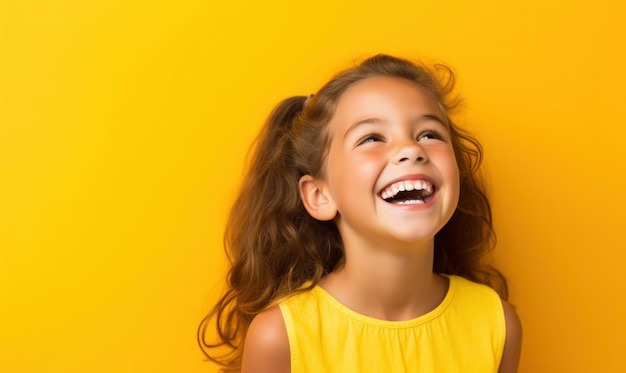 Bambino felice su uno sfondo giallo brillante