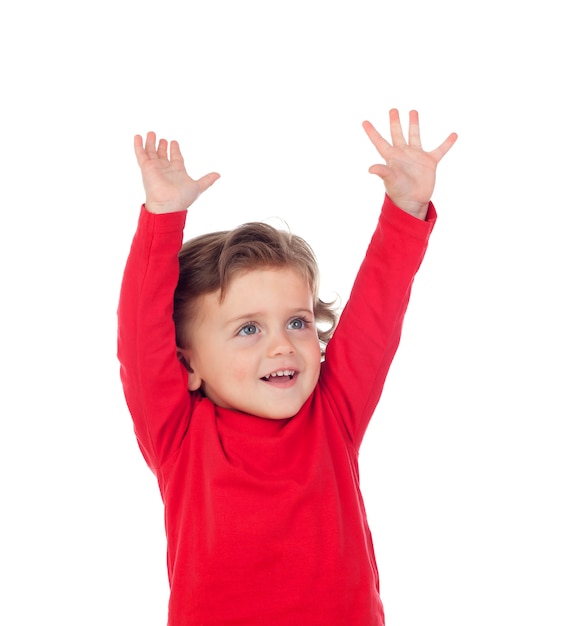 Bambino felice successo alzando le mani