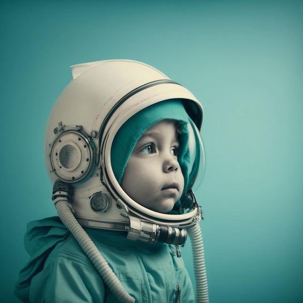 Bambino generativo ai che finge di essere un astronauta che gioca indossando un casco spaziale