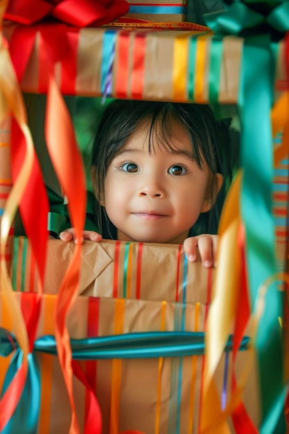 Bambino giocoso che sbircia attraverso streamers colorati e nastri regalo con gli occhi pieni di meraviglia e