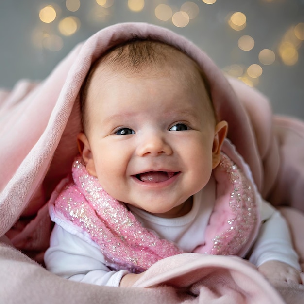 Bambino gioioso avvolto in una coperta rosa