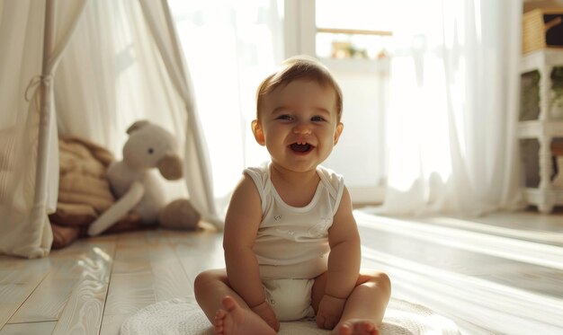 Bambino gioioso che gioca nella nursery soleggiata