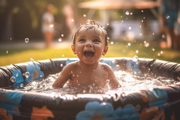 Bambino gioioso che schizza in una piscina per bambini con bollexA