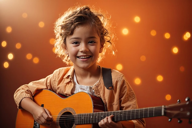 Bambino gioioso che suona la chitarra isolato su sfondo arancione piatto ai generativo