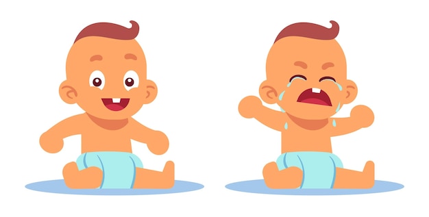 Bambino gioioso e piangente Bambino neonato seduto sul pavimento in pannolino Bambino felice e triste Bambino caucasico Bambino diverse emozioni Disegno animato piatto illustrazione isolata Concetto d'infanzia vettoriale