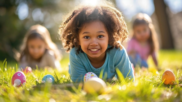 Bambino gioioso in mezzo alle uova di Pasqua colorate in primavera