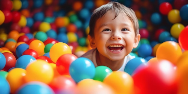 Bambino gioioso in una colorata area giochi per la famiglia, centri di divertimento, parchi giochi e feste di compleanno