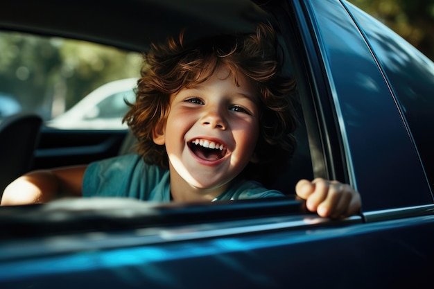 bambino giovane che ride in macchina con il finestrino aperto generativo ai