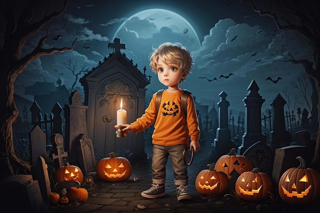 bambino hallowen che porta una candela entra in una casa infestata nel cimitero AI generativa