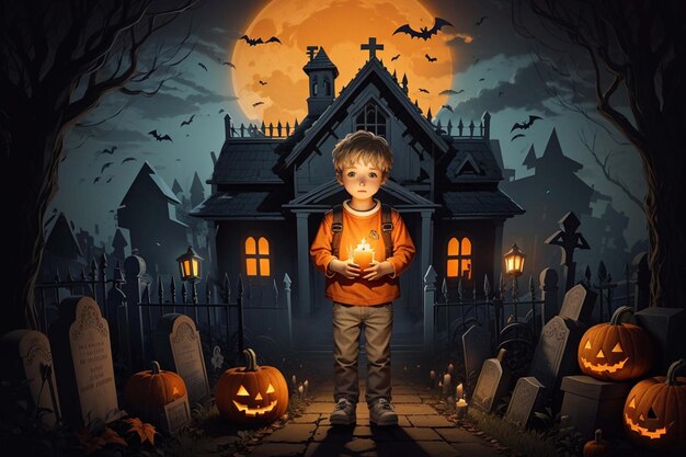 bambino hallowen che porta una candela entra in una casa infestata nel cimitero AI generativa