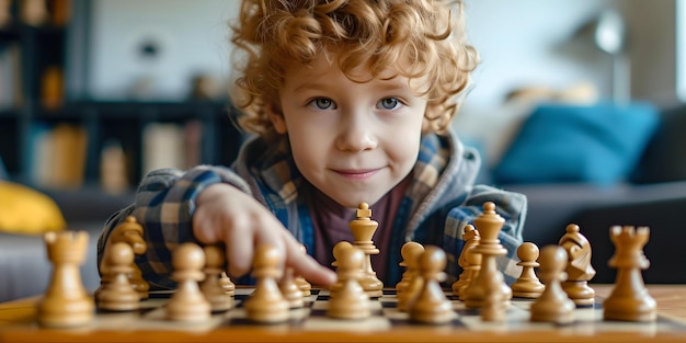 Bambino impegnato in una partita strategica di scacchi che impara e si concentra su un display catturato in luce naturale