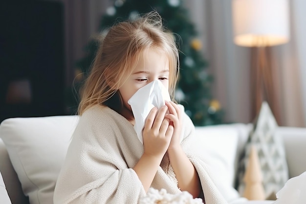 Bambino in casa con un fazzoletto che affronta un naso che scorre raffigurazione della malattia infantile influenza