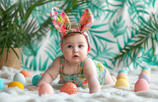 Bambino in costume da bagno con orecchie di coniglio che depone un letto di uova