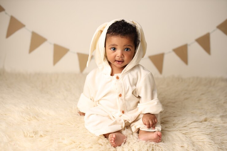 bambino in costume da coniglio