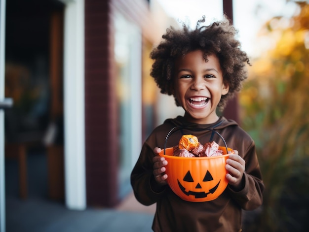 Bambino in costume di Halloween che tiene una ciotola di caramelle con un sorriso malizioso