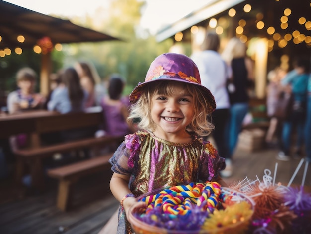 Bambino in costume di Halloween che tiene una ciotola di caramelle con un sorriso malizioso